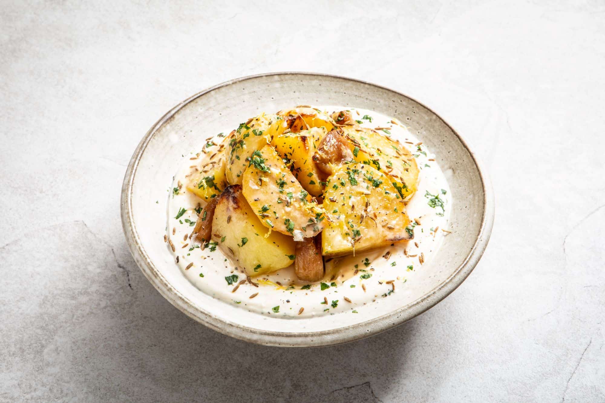 Cumin Confit Potatoes with Tahini Yoghurt